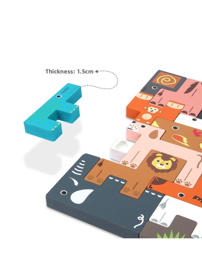 ألعاب تعليمية للأطفال، صندوق خشبي مع رسومات كرتونية حيوانية، بازل تيتريس إبداعي للأطفال، مكعبات بناء مرورية للأولاد والبنات - اللون: حيوانات تيتريس (31 قطعة) - Image 5